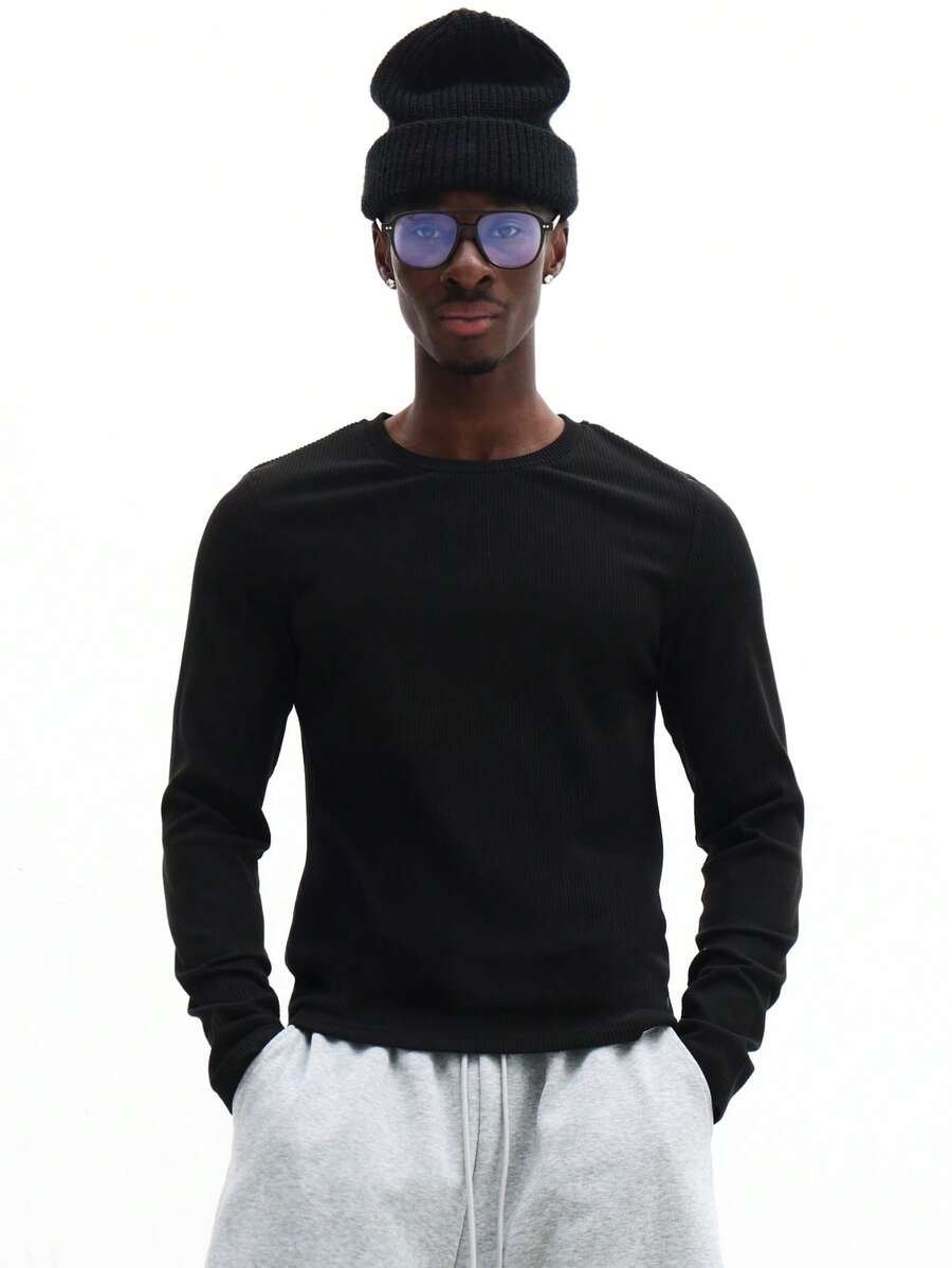 Camiseta de manga larga de cuello redondo con ajuste ceñido SUMWON, de punto acanalado, de color liso, para uso casual en invierno y otoño - Negro - Ver 1