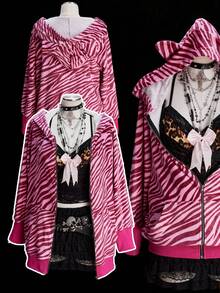 Sunspun 加大码珊瑚绒斑马纹外套，毛绒拉链卫衣，秋冬新款，优雅时尚简约小众斑马纹毛绒熊耳卫衣，宽松街头风女款卫衣 - 玫紅色 - 查看 1