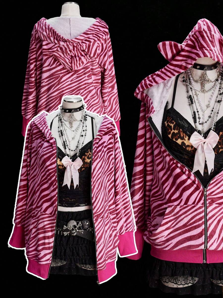 Sunspun 加大码珊瑚绒斑马纹外套，毛绒拉链卫衣，秋冬新款，优雅时尚简约小众斑马纹毛绒熊耳卫衣，宽松街头风女款卫衣 - 玫紅色 - 查看 1