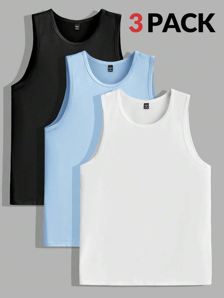 Manfinity BRENVOR 3-Pack Men's Casual Solid Color Knitted Sleeveless Top, Versatile For Daily Wear - Multicolor - View 1
