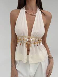 Aloruh 浪漫约会性感波西米亚风露背水钻装饰杏色女士吊带背心 - 杏色 - 查看 6