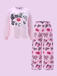 Mean Girls X SHEIN Set pigiama oversize con stampa di lettere e labbra, maniche lunghe, comodo e confortevole, adatto per l'autunno, abbigliamento da casa e da notte per donne taglia grande