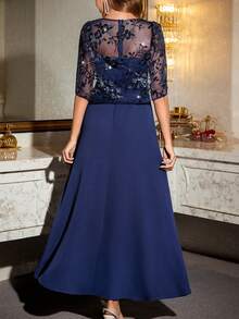 Amorya Women's Navy Blue Sequin Lace Capelet Long Maxi Dress | Elegant Valentine's Day Wedding Guest Party Going Out Summer Dress Wedding Guest Dress Women Navy Blue Elegant Dress Mother Of Bride Dress Gala Dress Elegant Curve Formal Evening Gown Mother Of Groom Dress  Spring/Summer Modest Dress Abaya Dress Beach Wedding