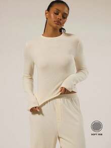 MUSERA ESSENTIALS Long Sleeve Soft Rib Crewneck Top Autumn Winter Fall Underwear Everyday Cosy Lounge Essential Spring Vacation Holiday - White - View 1