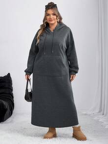 SHEIN CURVE+ 大码女式纯色加厚连帽卫衣裙 - 深灰色 - 查看 7