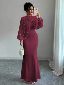 Elenzga New Elegant Mature Charm Evening Gown, Formal Dress, Dignified & Gentle, Dreamy Pink, Hand-Beaded Long Sleeve Top, Graceful Mermaid Hem Bodycon Slip Dress Set