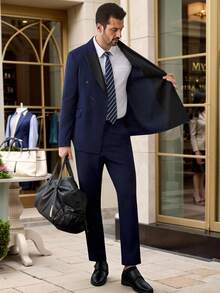Manfinity Bizformal 男士正装商务撞色尖领双排扣西装外套和裤子套装，适合婚礼 - 藏蓝色 - 查看 8