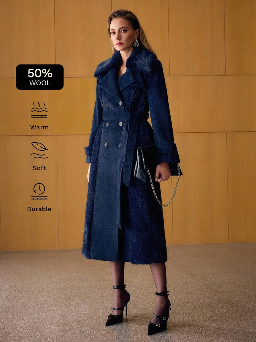 MOTF PREMIUM WOOL DOUBLE BREASTED BELTED OVERCOAT - Navy Blue - View 1