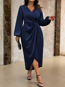 Roveilla Plus Size Solid V Neck Wrap Twist Long Sleeve Dress Maxi Women Outfit