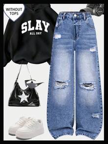 Sparklyn Tween Girls' Distressed Boyfriend Jeans, Retro American Style Loose Fit Wide Leg Casual Denim Pants, Blue Tween Girl' Retro Washed Denim Wide Leg Jeans, Classic All-Match Versatile Design Tween Girls Baggy Jeans For Kids Y2k Jeans Kids Wide Leg Jeans Kids Flare Jeans For Girls Wednesday Addams Y2k Baggy Jeans Girls Wide Leg Jeans Girls Ripped Jeans Tween Girls Distressed Denim Fall Winter