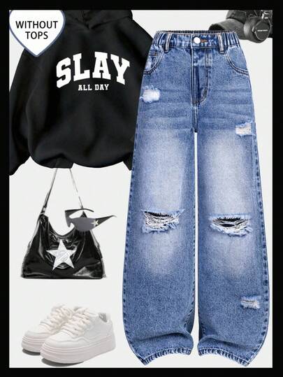 Sparklyn Tween Girls' Distressed Boyfriend Jeans, Retro American Style Loose Fit Wide Leg Casual Denim Pants, Blue Tween Girl' Retro Washed Denim Wide Leg Jeans, Classic All-Match Versatile Design Tween Girls Baggy Jeans For Kids Y2k Jeans Kids Wide Leg Jeans Kids Flare Jeans For Girls Wednesday Addams Y2k Baggy Jeans Girls Wide Leg Jeans Girls Ripped Jeans Tween Girls Distressed Denim Fall Winter