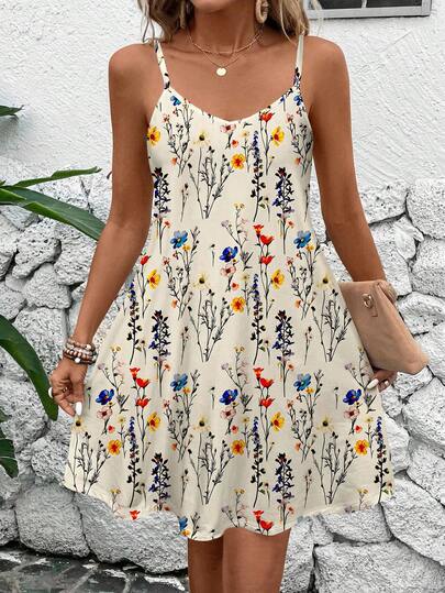 EMERY ROSE Women's Casual Vacation Spaghetti Strap Watercolor Floral Print Mini Dress, Suitable For Summer Suitable For Going Out Chic Dress,Flower/Spring