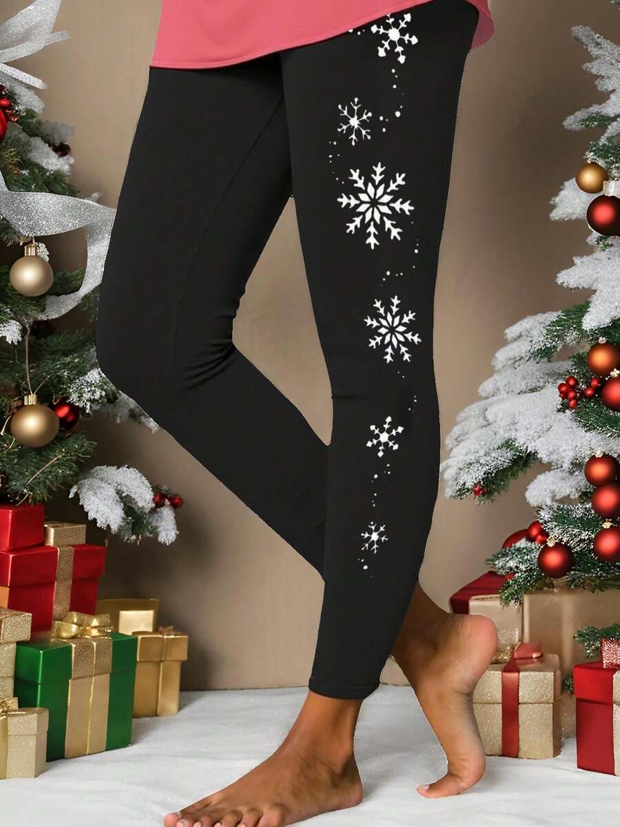 Calvaya Plus Size Christmas Leggings, Snowflakes Pattern, Suitable For Autumn And Winter, Women's Casual Wear Leggings - Black - View 1