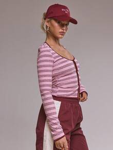 MUSERA Scoop Neck Striped Hook And Eye Fitted Long Sleeve Top  Cute Casual Cosy Cherry Lacquer Spring Summer Holiday - Red - View 3