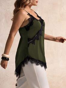 Elegantrix 大码女式都市休闲蕾丝不对称下摆 V 领拼接纯色吊带背心 - 軍綠色 - 查看 3