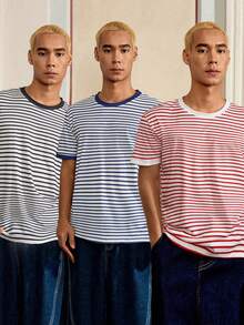 SWAVVY Men's Striped Print Crew Neck Casual Versatile Summer Short Sleeve T-Shirt - Multicolor - View 10