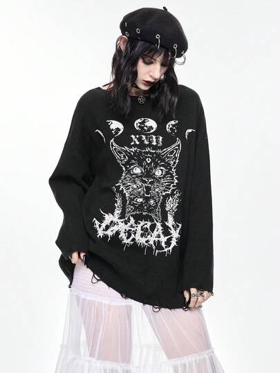 Goth Pull-shirt oversize avec design délavé de tête de chat gothique