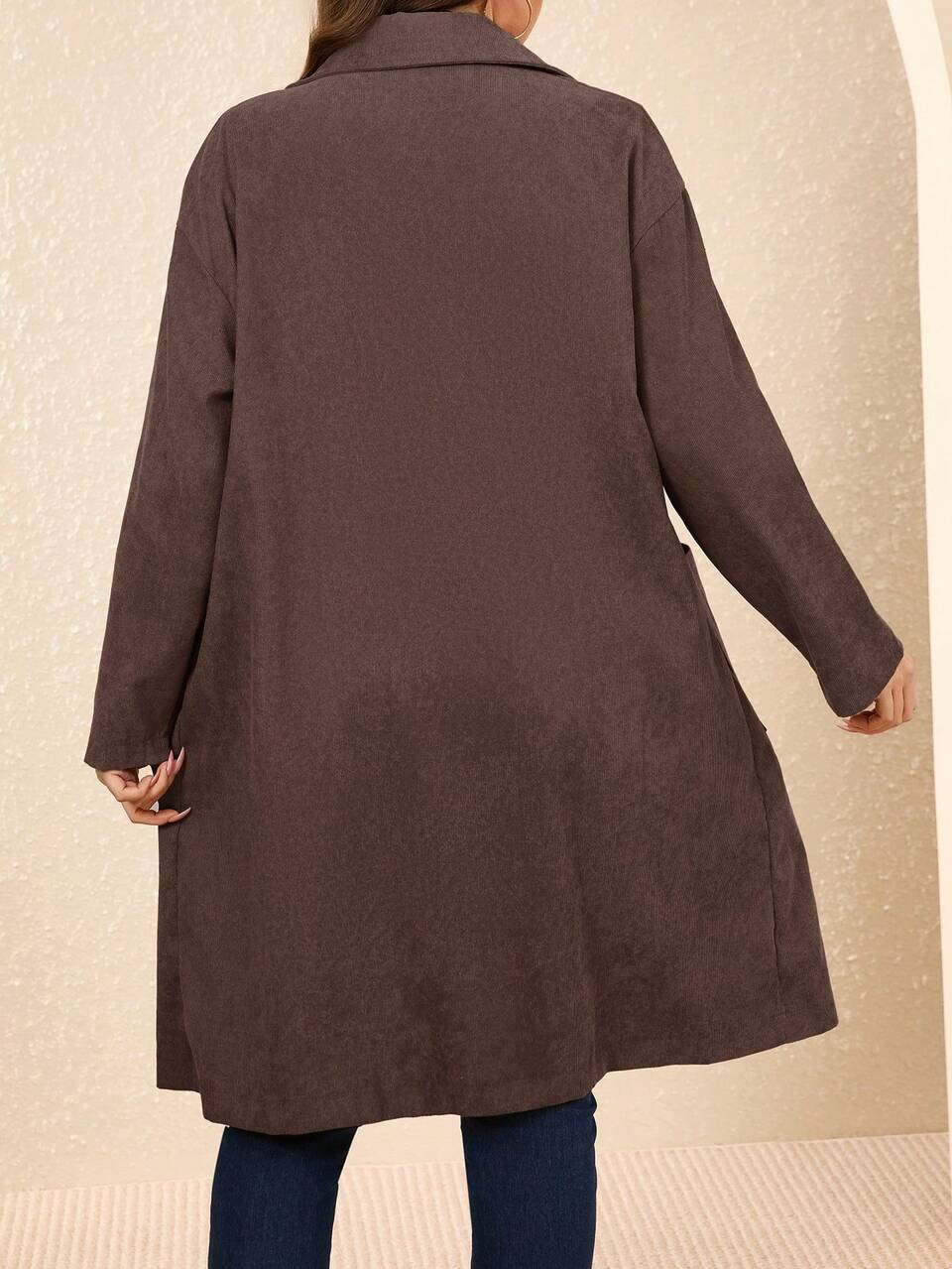 Plus Size Country Women Corduroy Double Pocket Button Placket Midi Coat,Fall Women/Winter