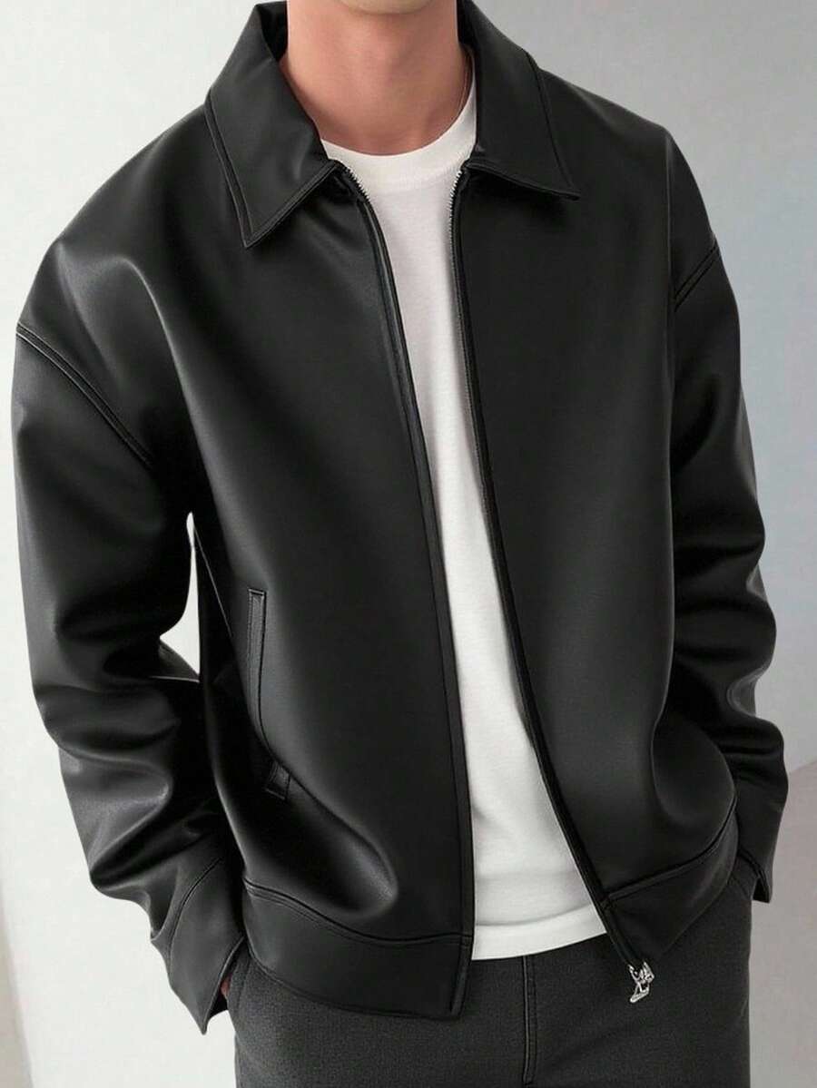 SHEIN Teen Boys' Basic Biker Jacket,Casual Loose Lapel College Style Fashionable Haut,Comfortable Versatile For Daily Wear,School,Outdoor Fall Winter - Black - View 1