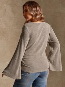 Elegantrix 大码女式宽松领喇叭袖收腰褶皱雪纺针织休闲上衣，秋冬款 - 杏色 - 查看 2