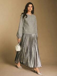 Poéselle Damen plissierter einfarbiger minimalistischer Lässig Rock - Silber - Übersicht 7