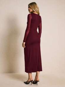 Poéselle 女士纯色网纱拼接长袖腰部金属装饰侧开衩下摆优雅连衣裙 - 酒紅色 - 查看 2