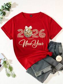Happy New Year Women's Casual Short Sleeve T-Shirt With Gold Bow,Reflective Ball Decor,2026 Letter Graphic Print,Red And Gold,Summer,Casual,Party - Burgundy - View 3