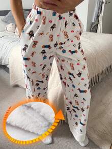 DAZY Dog Print Fleece Patchwork Design Cozy Winter Loose Women Fluffy Sleep Bottoms - White - View 4