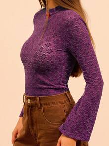 lacRébo Raspberry Flared Sleeve Top With High Neckline And Red Bow Accent Fall Women Clothes Autumn Outfits Brown Pants For Women Cowgirl Pants 70s Fashion - Purple - View 3