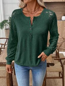 EMERY ROSE Women's Contrast Lace Long Sleeve Button Half Placket Casual Sweatshirt - Army Green - View 9
