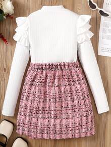 SHEIN Tween Girl Ruffle Trim Mock Neck Tee & Plaid Button Detail Skirt