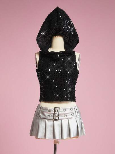 ROMWE Avant Blusa transparente con capucha, tejido y lentejuelas con efecto desgastado del estilo Y2K
