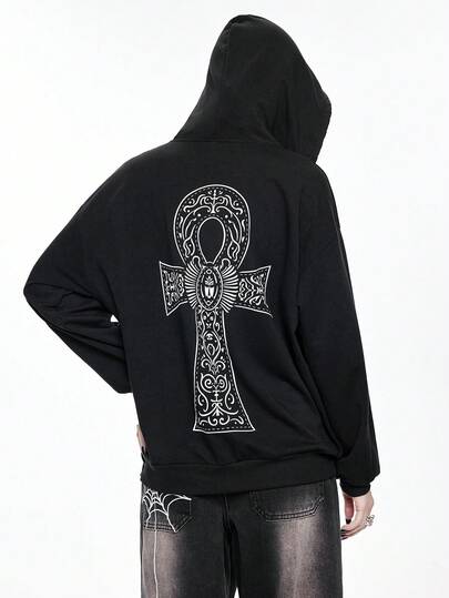 Goth Sudadera con capucha con cremallera y bolsillo gráfico de cruz religiosa de iglesia gótica negra para mujeres