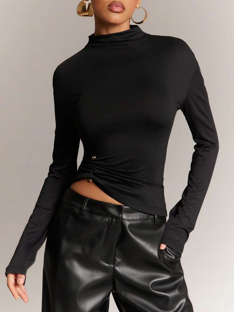Hauture Women's High Neck Casual Long Sleeves Top With Ruched Detail At Waist - Black - View 1