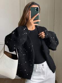 Livesso 女士休闲V领亮片开衫，秋季款 - 黑色 - 查看 3