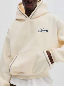 SUMWON 男士短款刺绣套头连帽衫，带抽绳中心口袋，休闲卫衣 - 杏色 - 查看 5