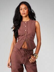 MISSGUIDED 秋季叠穿单品，纽扣前襟无袖牛仔背心，配系带腰带细节 - 棕色 - 查看 1