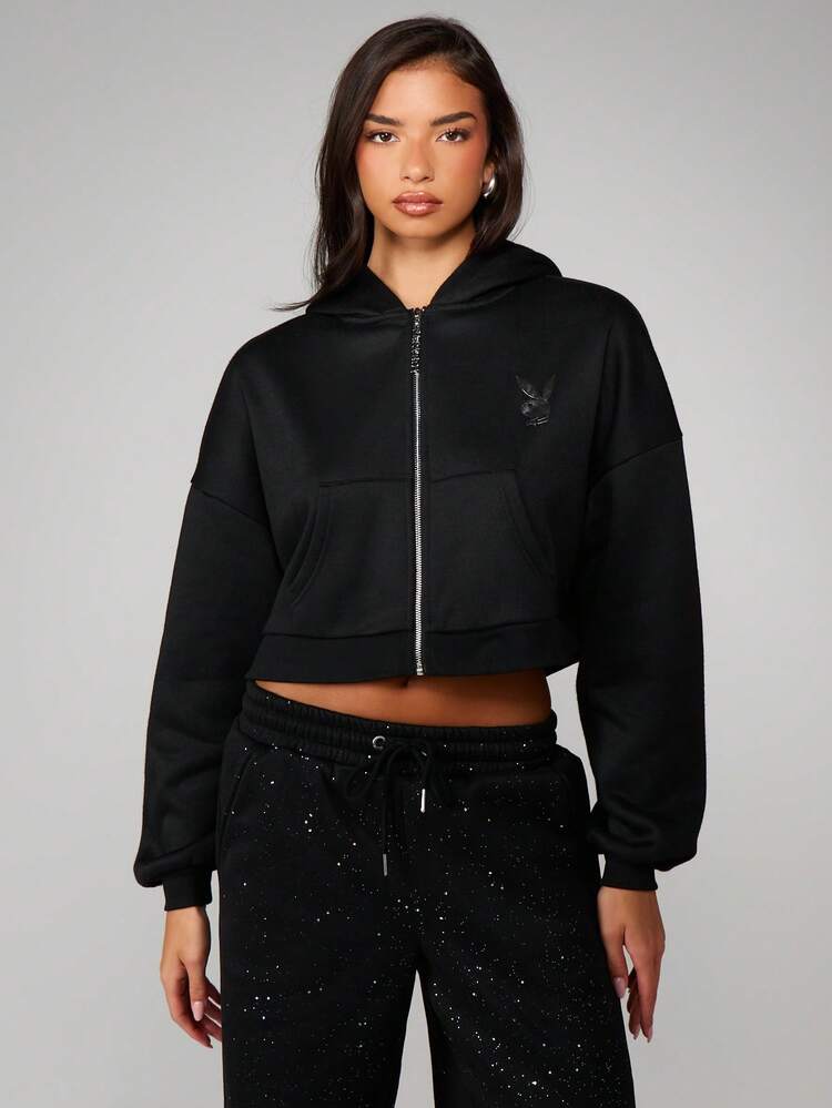 Missguided x Playboy 오버사이즈 디아만테 크롭 지퍼 후드 티셔츠