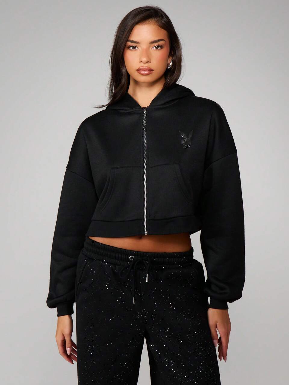 Missguided x Playboy 오버사이즈 디아만테 크롭 지퍼 후드 티셔츠
