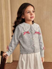 SHEIN Young Girl Cute Gray Cardigan Knit Sweater With Floral Lace Collar, Patchwork Long Sleeve, Bow Button Front Girl Cardigan Sweater Lace Collar Cardigan Fall Winter - Light Grey - View 4