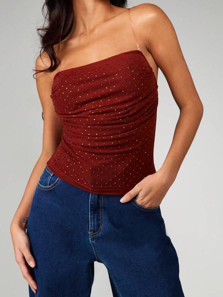 MISSGUIDED Strapless Studded Bandeau Top With Cowl Front And Ruched Detailing For Evening Party Occasions