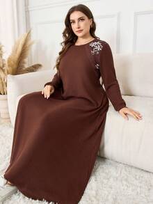 Lacomfia Vestido de estar por casa casual de talla grande para mujer con textura de tela de parches florales - Café integral - Ver 5