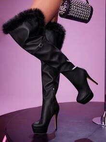 CUCCOO LuxiPop 女士厚底仿毛皮装饰搭扣高跟过膝长靴，黑色，性感时尚，适合万圣节、圣诞节、派对等场合 - 黑色 - 查看 3