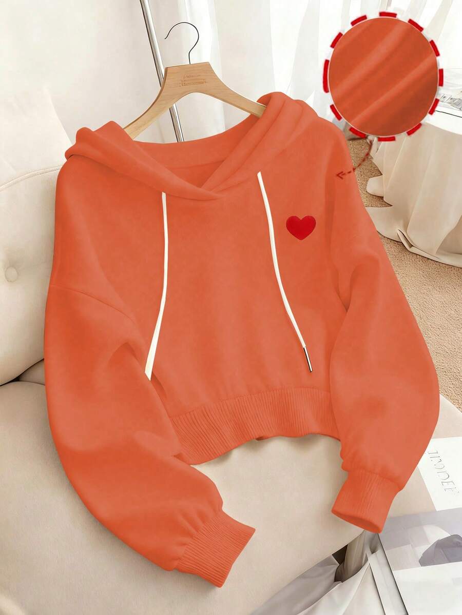 GlowEve Women's Drop Shoulder Long Sleeve Heart Pattern Drawstring Sweatshirt - Orange - View 1