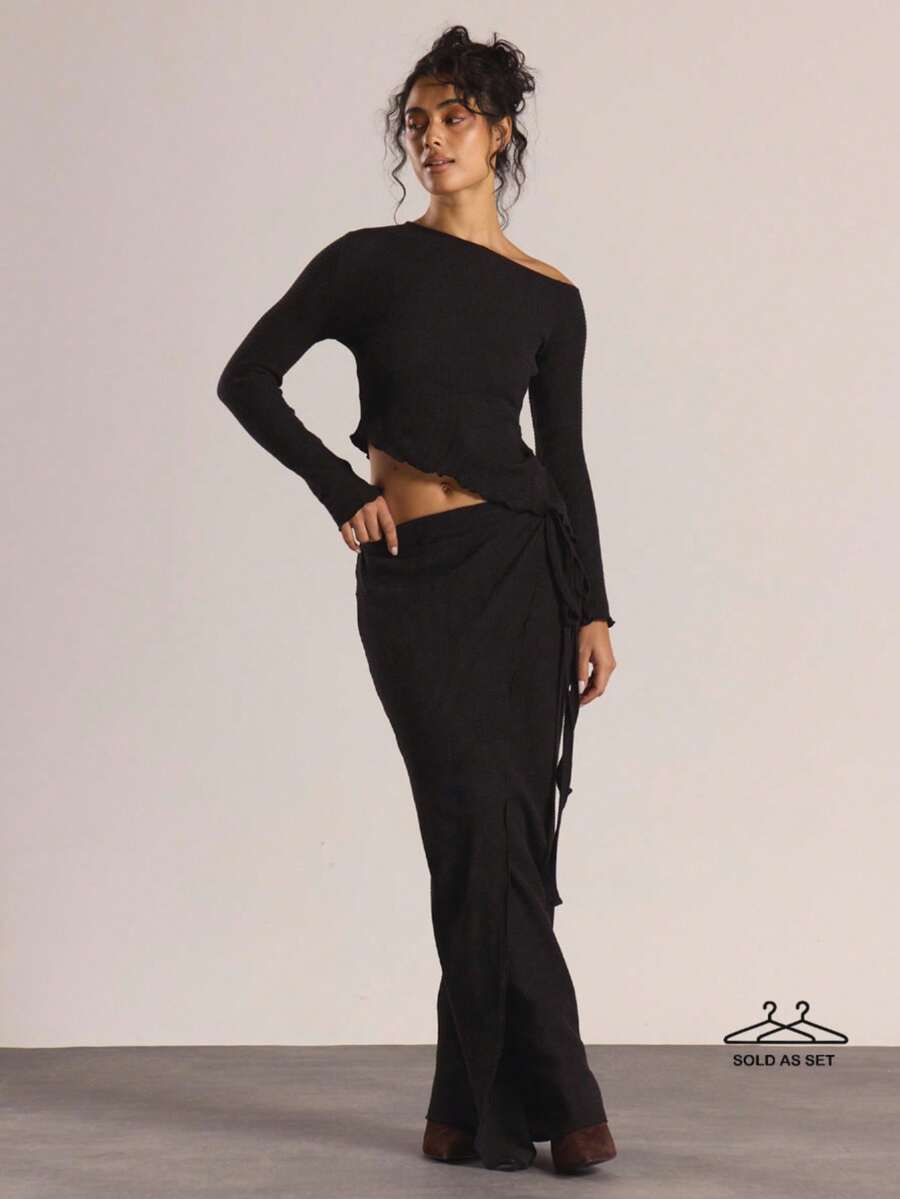 MUSERA Asymmetric Shoulder Long Sleeve Top With Tie Side Wrap Over Maxi Skirt Set Autumn Winter Co-Ord Casual Going Out Sexy Halloween Everyday Night Out Cute Cosy Tusk Christmas Party Elegant  Chic