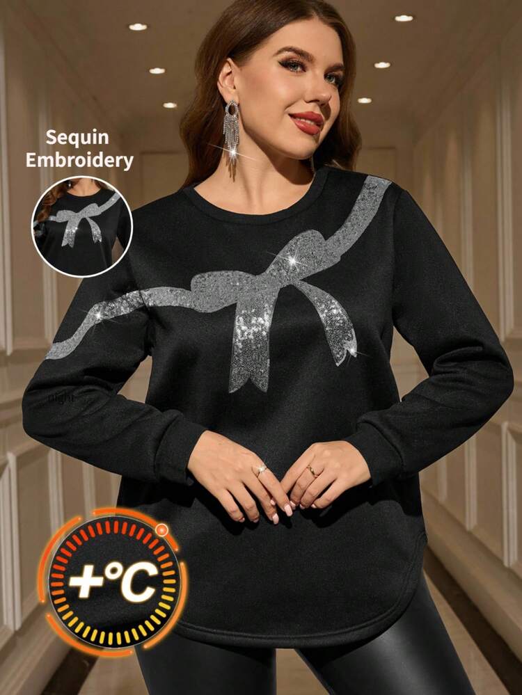 Plus Size Black Sequin Bow Decor Sweatshirt, Fashionable For Autumn/Winter Going Out,2025 New,Simple And Fashionable For Everyday Wear, Plus Size Winter, Christmas For Women, New Year,Date Night