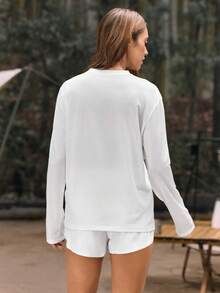 SHEIN In My Nature 女士撞色印花圆领长袖上衣 - 白色 - 查看 3