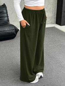 SHEIN EZwear 加大码橄榄绿抓绒保暖舒适休闲抽绳宽松裤 - 軍綠色 - 查看 3