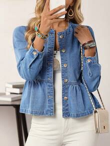 EMERY ROSE Women Front Button Long Sleeve Pleated Casual Denim Jacket, Minimalist Style - Blue - View 3