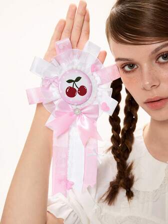 1pc Cute Anime Style Elegant Kawaii High-Quality Girly Chic Pastel Pink Polka Dot Cherry Blossom Badge Brooch With Lace Ribbon, Faux Pearl, Crystal Heart, Rose, Butterfly Decor, Magnetic Clasp, Suitable For Cosplay, Anime Costume, Daily Wear, Gift